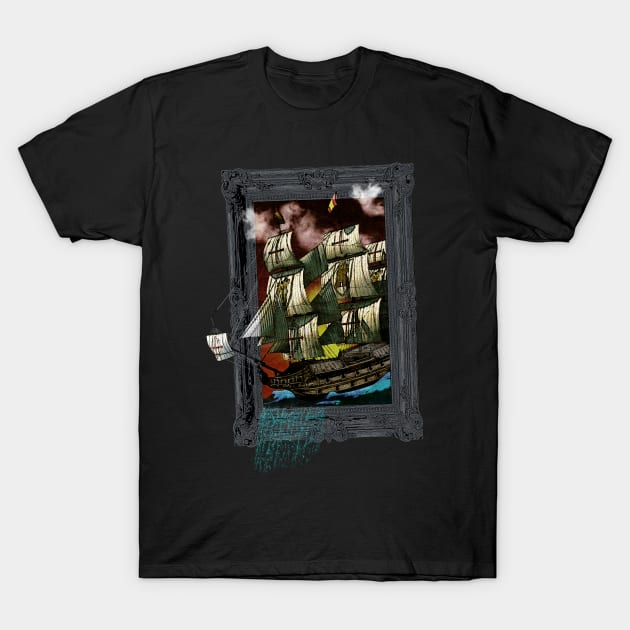Ship Sailing 3D Style, Vintage Retro Painting T-Shirt by MerlinArt